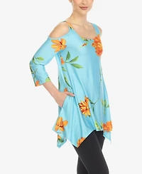 White Mark Women's Floral Printed Cold Shoulder Tunic Top