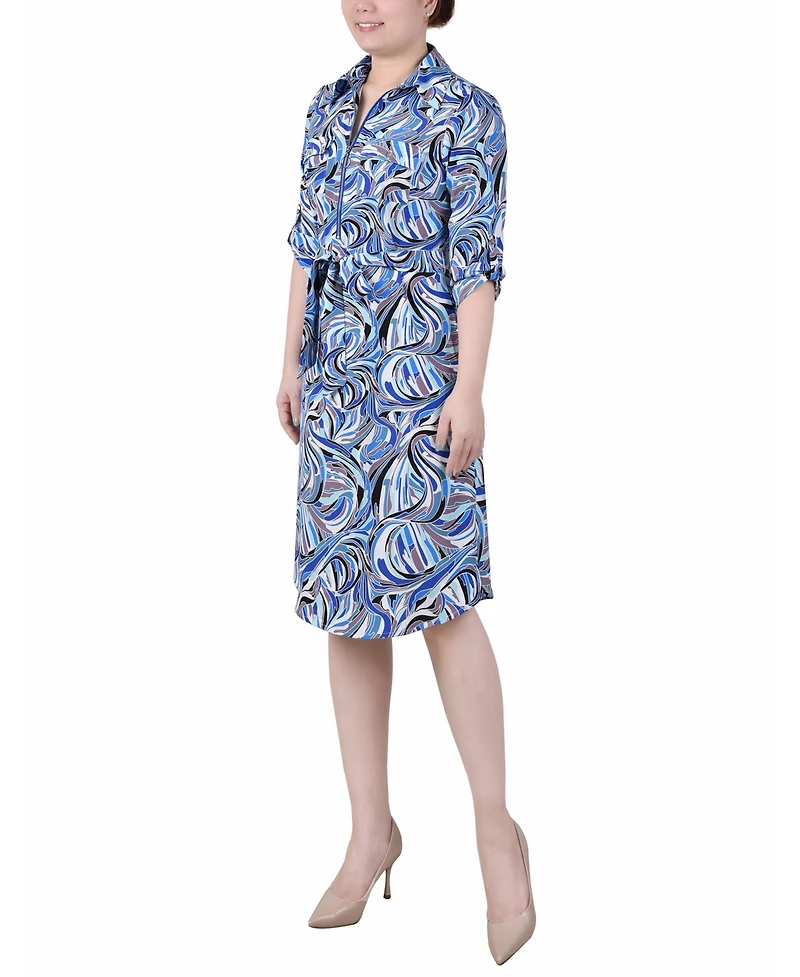 Ny Collection Petite 3/4 Roll Tab Zip Front Shirtdress