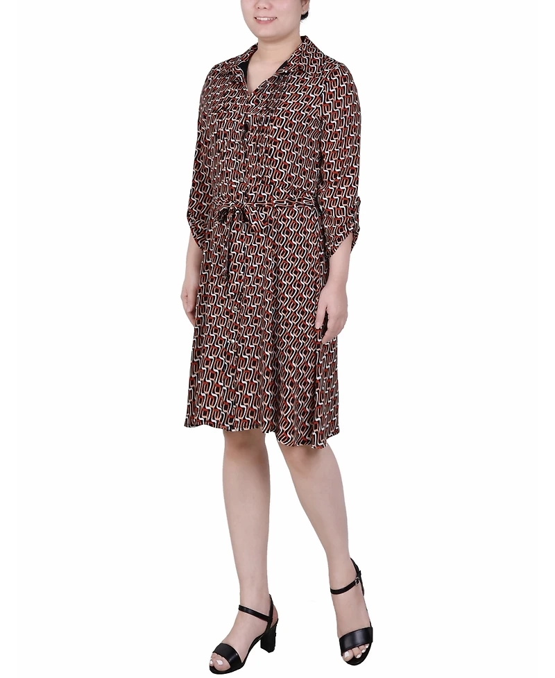 Ny Collection Petite Geometric Printed Roll Tab Sleeve Dobby Shirt Dress