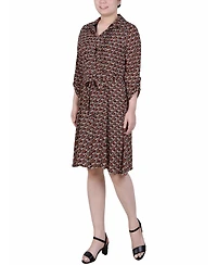 Ny Collection Petite Geometric Printed Roll Tab Sleeve Dobby Shirt Dress