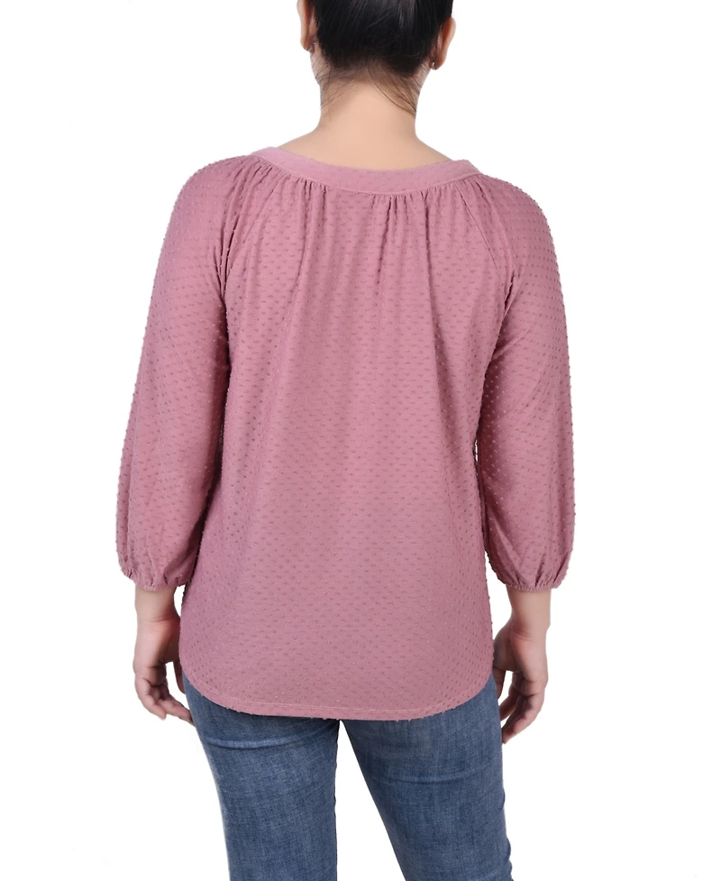Ny Collection Petite 3/4 Sleeve Swiss Dot Henley Top
