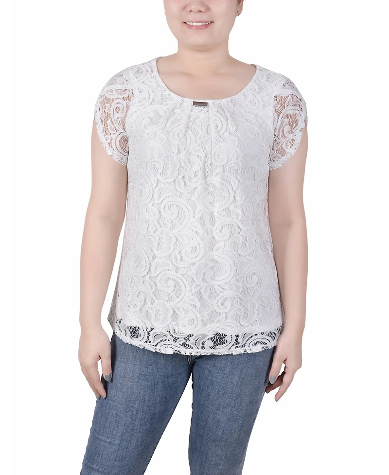 Ny Collection Petite Lace Petal Short Sleeve Top