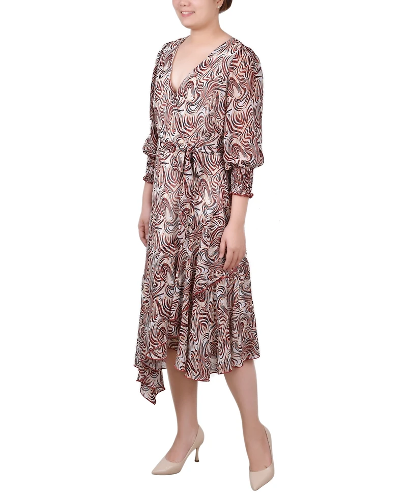 Ny Collection Petite 3/4 Sleeve Belted Chiffon Handkerchief Hem Dress