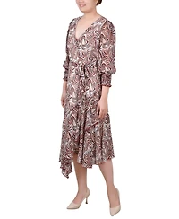 Ny Collection Petite 3/4 Sleeve Belted Chiffon Handkerchief Hem Dress