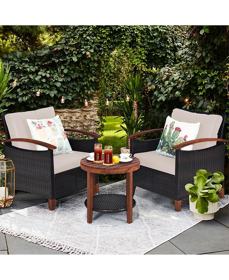 3PCS Patio Rattan Furniture Set Wooden Frame Cushion Table Shelf