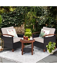 3PCS Patio Rattan Furniture Set Wooden Frame Cushion Table Shelf