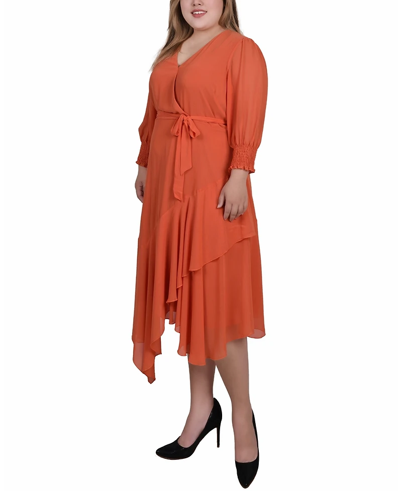 Ny Collection Plus Size 3/4 Sleeve Belted Chiffon Handkerchief Hem Dress
