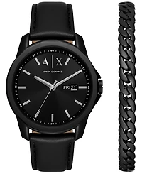 A|X Armani Exchange Men's Three-Hand Day-Date Quartz Black Leather Watch 44mm and Black Stainless Steel Bracelet Set