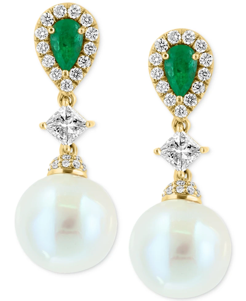 Effy Freshwater Pearl (9mm), Emerald (3/8 ct. t.w.) & Diamond (5/8 ct. t.w.) Drop Earrings in 14k Gold