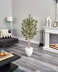 Nearly Natural 5' Olive Artificial Tree in White Oval Planter