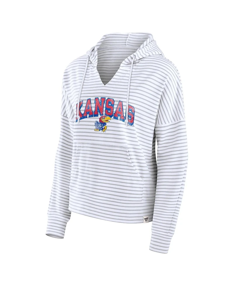 Women's Fanatics White Kansas Jayhawks Striped Notch Neck Pullover Hoodie