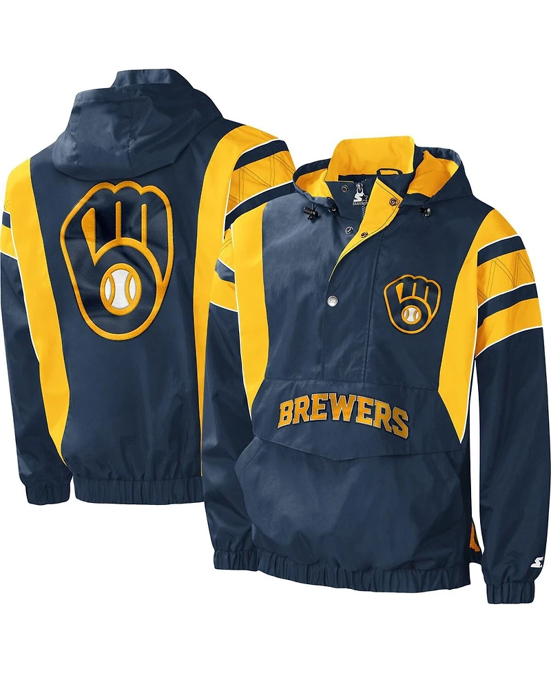 Men's Starter Navy Milwaukee Brewers Impact Hoodie Half-Zip Jacket