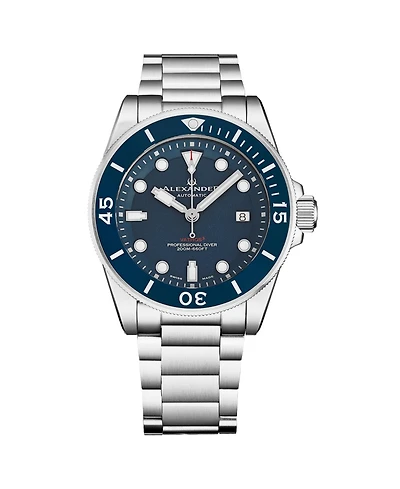 Alexander Vathos3 Men's Swiss Made Diver Watch 43mm Silver Tone Stainless Steel Case Blue Dial Rotating Bezel Sapphire Crystal 200M Water Resistant