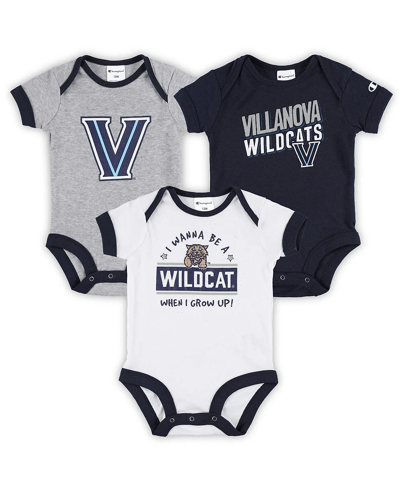 Infant Boys and Girls Champion Navy, Heather Gray, White Villanova Wildcats I Wanna Be Three-Pack Bodysuit Set