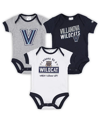 Infant Boys and Girls Champion Navy, Heather Gray, White Villanova Wildcats I Wanna Be Three-Pack Bodysuit Set