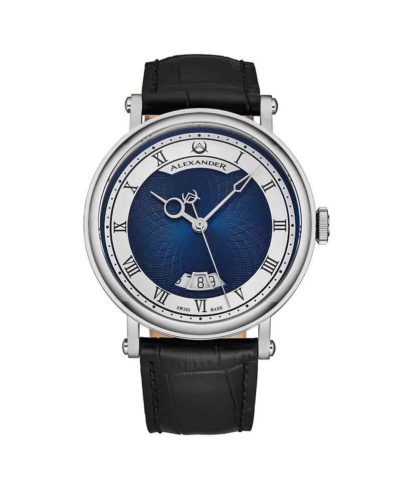 Alexander Triumph Men's Swiss Automatic Watch 43mm Silver Tone Stainless Steel Case Blue Dial Sapphire Crystal Black Leather Strap 30M