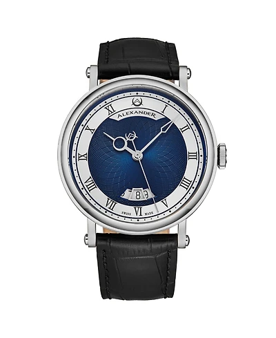 Alexander Triumph Men's Swiss Automatic Watch 43mm Silver Tone Stainless Steel Case Blue Dial Sapphire Crystal Black Leather Strap 30M