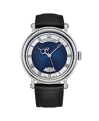 Alexander Triumph Men's Swiss Automatic Watch 43mm Silver Tone Stainless Steel Case Blue Dial Sapphire Crystal Black Leather Strap 30M