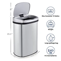 13 Gal./50 Liter Stainless Steel Oval Motion Sensor Trash Can for Kitchen