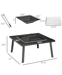Outsunny 34" Fire Pit with Grill, Spark Screen, Fire Poker, Cover, Table Lip,