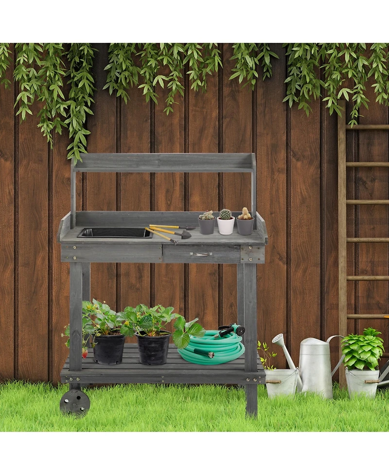 Outsunny 36" x 18" x 47'' Wood Potting Bench Work Table w/ 2 Wheels,
