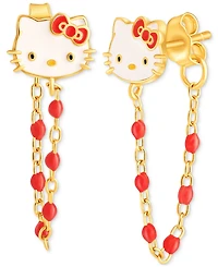 Enamel & Bead Chain Hello Kitty Front to Back Drop Earrings in 18k Gold-Plated Sterling Silver