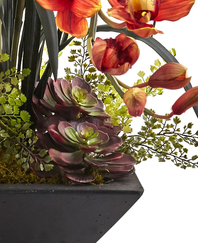 Nearly Natural Cymbidium Orchid Silk Arrangement w/ Black Vase