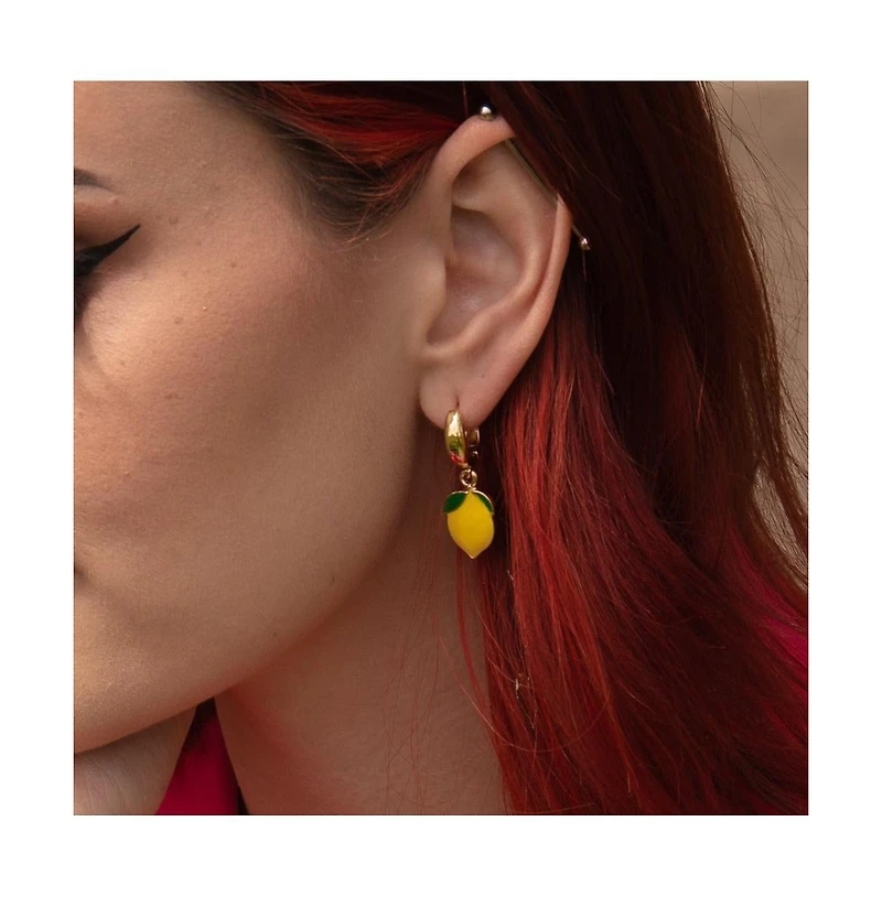 18k Gold Plated Huggies Freshwater Pearls with a Yellow and Green Lemon Charm - Lemonade Earrings For Women
