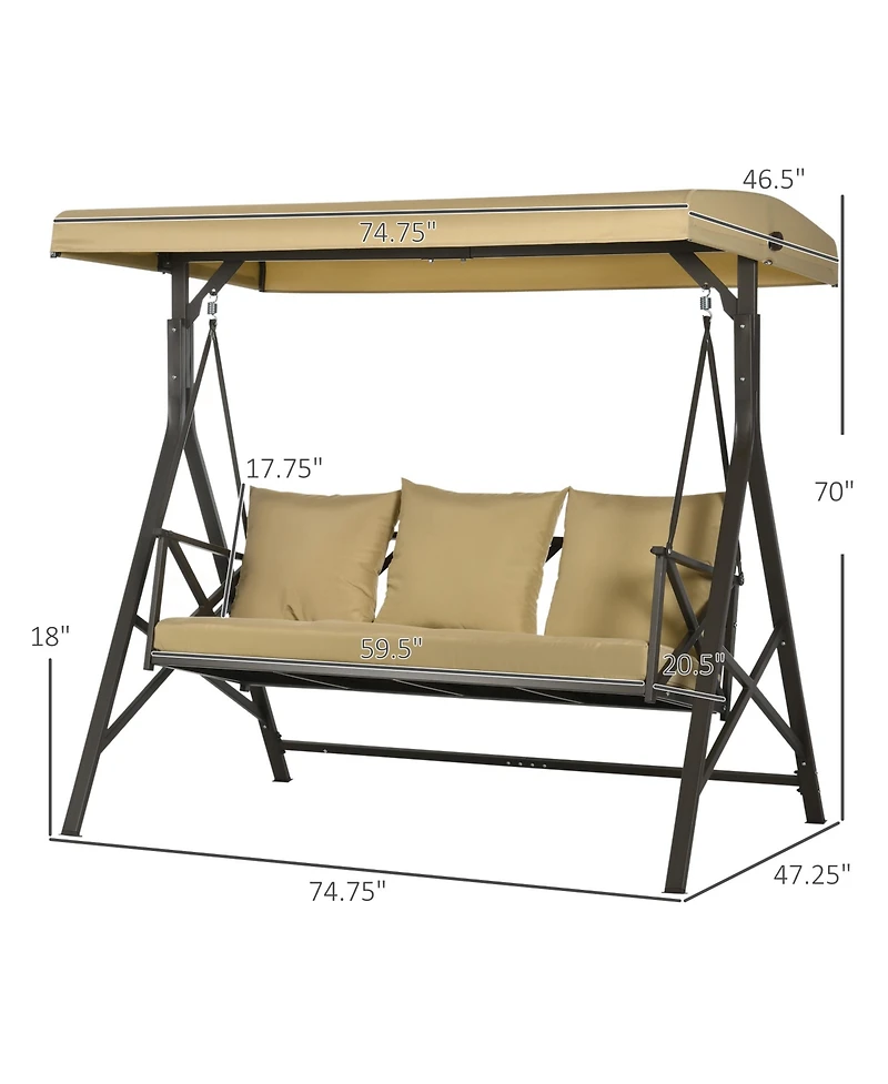 Outsunny 3-Seat Patio Swing Chair, Outdoor Canopy Swing Glider with Cushion with 3 Throw Pillows & Adjustable Shade for Porch, Garden, Poolside, Backy