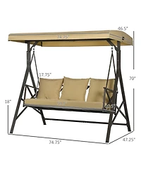 Outsunny 3-Seat Patio Swing Chair, Outdoor Canopy Swing Glider with Cushion with 3 Throw Pillows & Adjustable Shade for Porch, Garden, Poolside, Backy