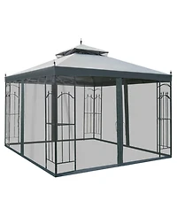 Outsunny 10' x 10' Steel Outdoor Patio Gazebo Canopy with Removable Mesh Curtains, Display Shelves, & Steel Frame, Grey