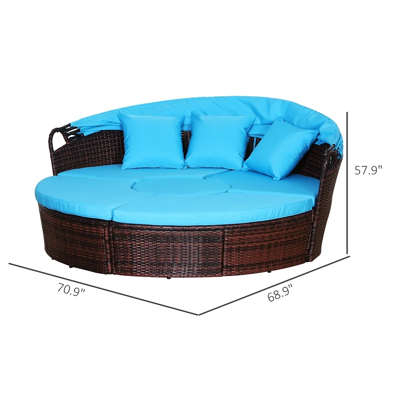 Outsunny 4-Piece Rattan Patio Furniture Set, Round Convertible Daybed or Sunbed with Adjustable Sun Canopy, Sectional Sofa, 2 Chairs, Table