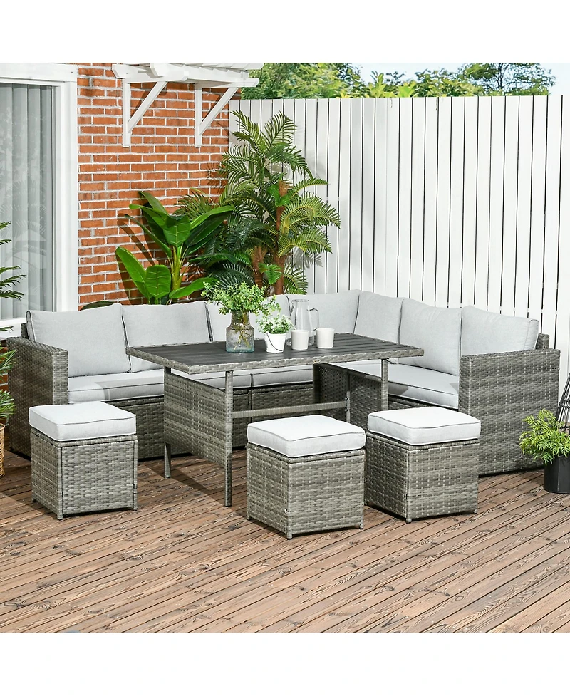 Outsunny 7 Piece Patio Furniture Set, Outdoor L-Shaped Sectional Sofa with 3 Loveseats, 3 Ottoman Chairs, Outside Conversation Set with Dining Table,