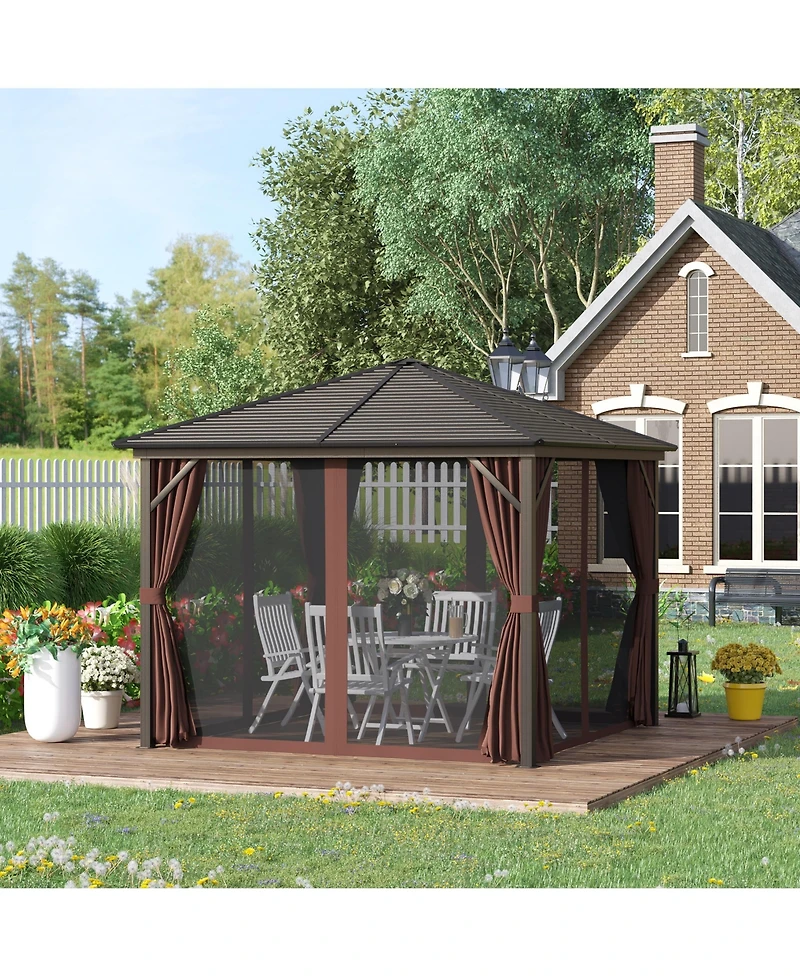 Outsunny Patio Gazebo 10' x 10', Netting & Curtains, Steel Slat Rain Canopy, Hardtop Roof, Hanging Hooks, Rust Resistant Aluminum Frame for Outdoor, G