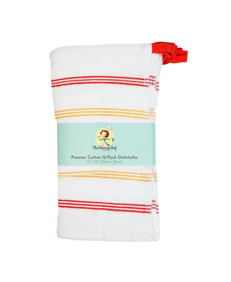 Sloppy Chef Premier Cotton Dishcloths (12 Pack), Striped Pattern, 100% Cotton, 13x13 Absorbent Kitchen Cleaning Dish Towels