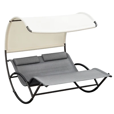 Outsunny Outdoor Double Chaise Rocking Chair, Day Bed Sun Lounger with Canopy Shade, Headrest Pillow, Armrests for Garden, Poolside, Light Gray