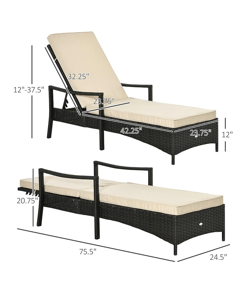 Outsunny Wicker Chaise Lounge, 4 Position Adjustable Backrest and Cushions Outdoor Lounge Chair Pe Rattan Sun Lounger for Poolside, Balcony or Garden