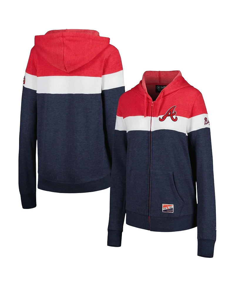 Women's New Era Heather Navy Atlanta Braves Colorblock Full-Zip Hoodie Jacket