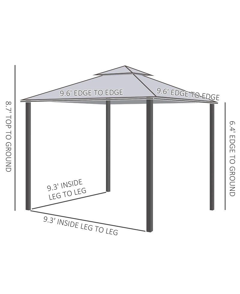 Outsunny 10' x 10' Patio Gazebo Outdoor Canopy Shelter with 2-Tier Roof and Netting, Steel Frame for Garden, Lawn, Backyard and Deck, Grey