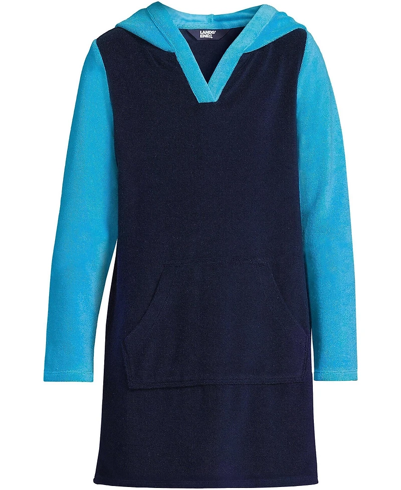 Lands' End Girls Long Sleeve Hooded Front Pocket Terry Cloth Swimsuit Cover-Up
