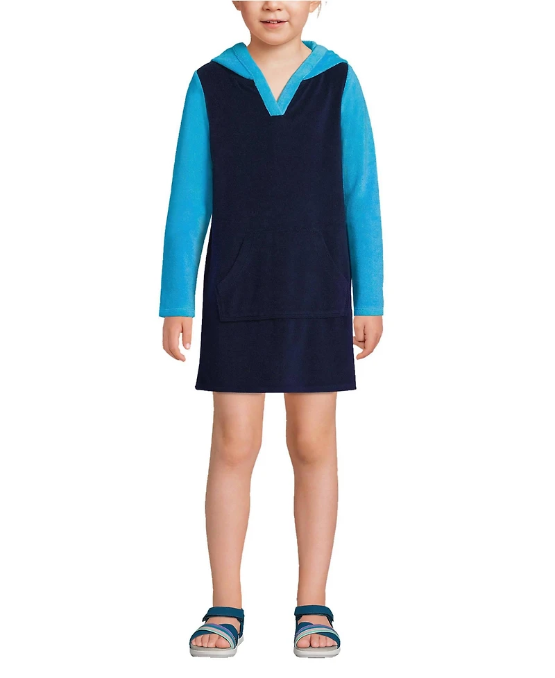 Lands' End Girls Long Sleeve Hooded Front Pocket Terry Cloth Swimsuit Cover-Up