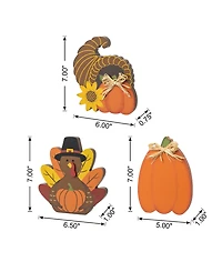 Glitzhome 7" H Set of 3 Thanksgiving Wooden Pumpkin, Turkey Cornucopia Table Decor