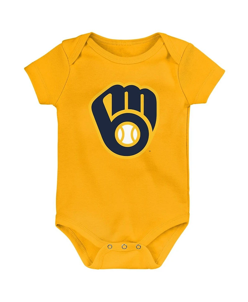 Newborn and Infant Boys Girls Gold, White, Heather Gray Milwaukee Brewers Biggest Little Fan 3-Pack Bodysuit Set