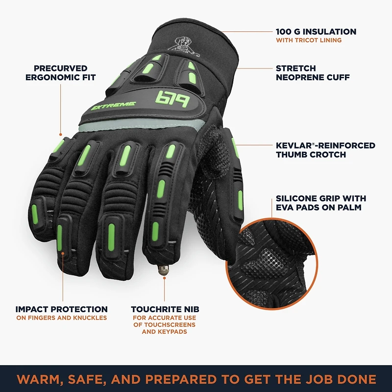 RefrigiWear Men's Extreme Freezer Gloves with Touch-Rite Nib - Insulated, Impact Protection, Touchscreen Compatible Work for -30°F