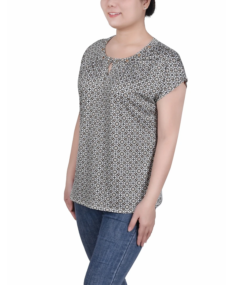 Ny Collection Petite Grommet Neck Knit Short Extended Sleeve Top