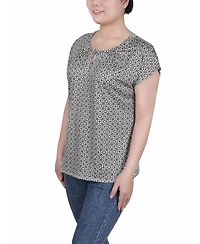 Ny Collection Petite Grommet Neck Knit Short Extended Sleeve Top