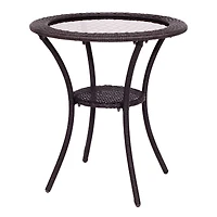 Round Rattan Wicker Coffee Table Glass Top Steel Frame Patio Furni W/Lower Shelf
