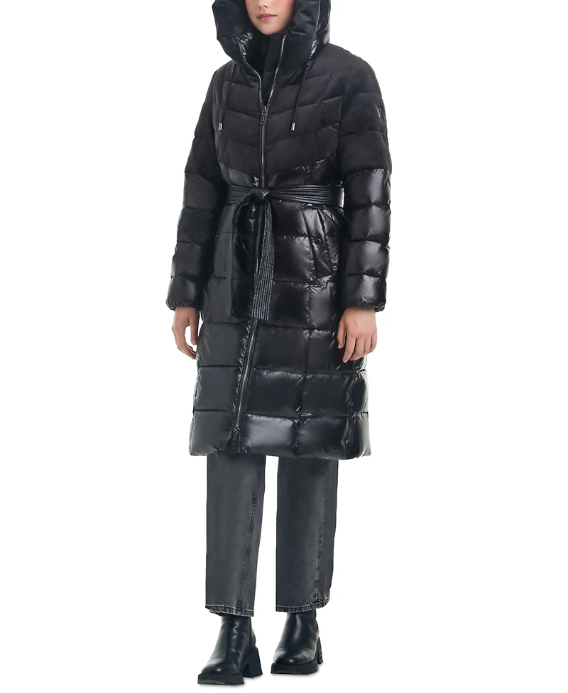 Vince Camuto Women's Velvet Mix Belted Hooded Puffer Coat