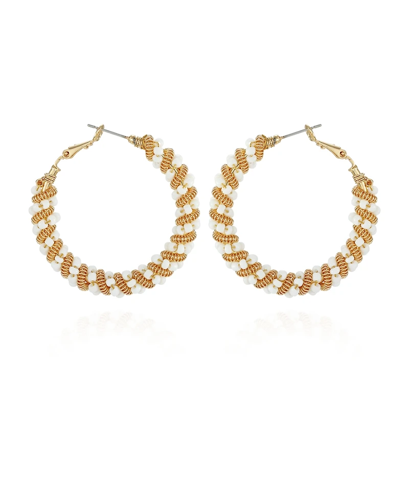 T Tahari Gold-Tone Twisted Spiral and White Beaded Hoop Earrings