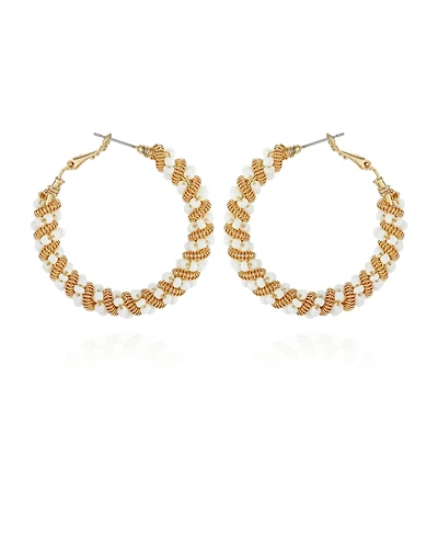 T Tahari Gold-Tone Twisted Spiral and White Beaded Hoop Earrings